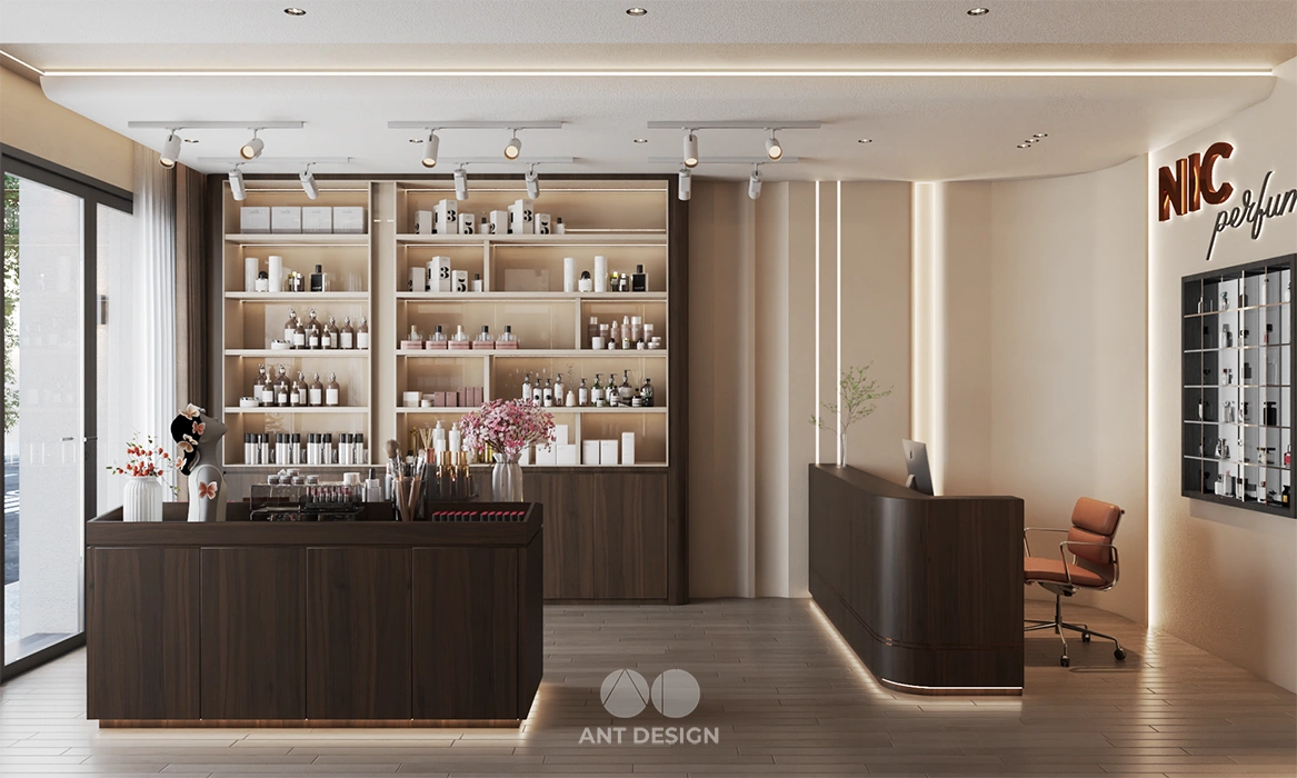 Nội thất showroom nước hoa tông màu be ấm cúng