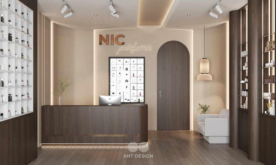 Quầy lễ tân shop nước hoa thiết kế bo cong mềm mại