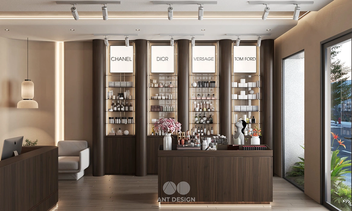 Tủ trưng bày mỹ phẩm đèn led hắt sáng lung linh