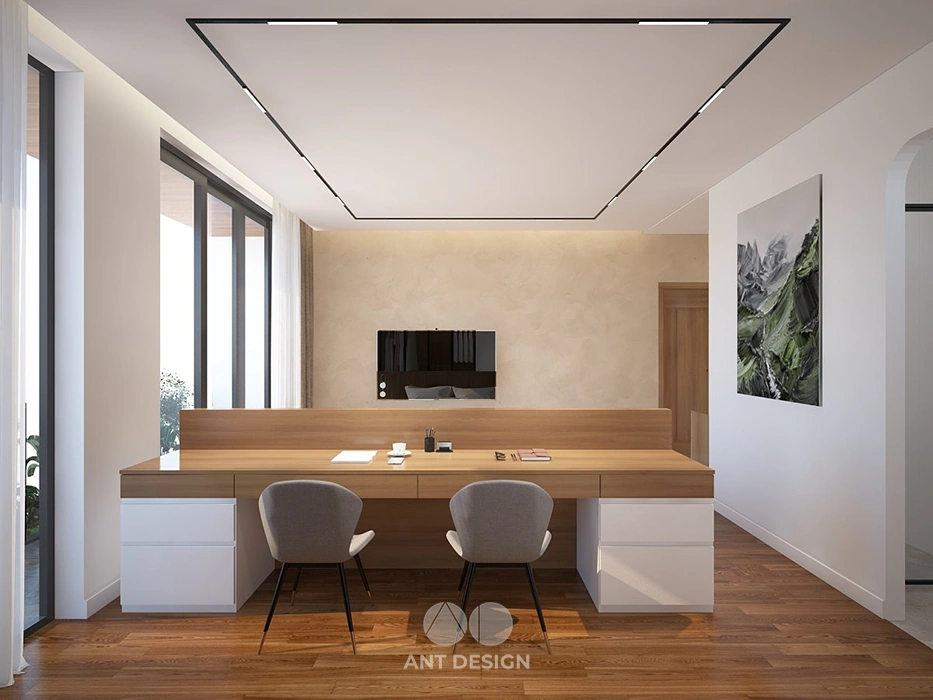 Bàn làm việc trong phòng ngủ view sân vườn