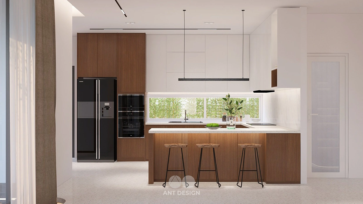 Đảo bếp kết hợp quầy bar đá trắng hiện đại