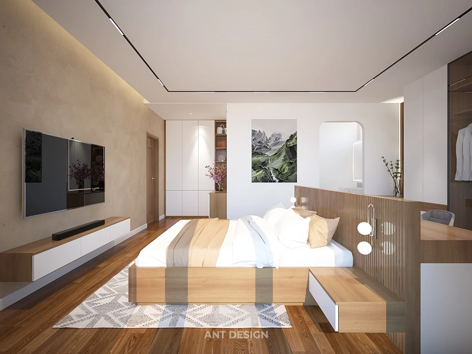 Giường ngủ master gỗ tự nhiên đầu giường nan gỗ