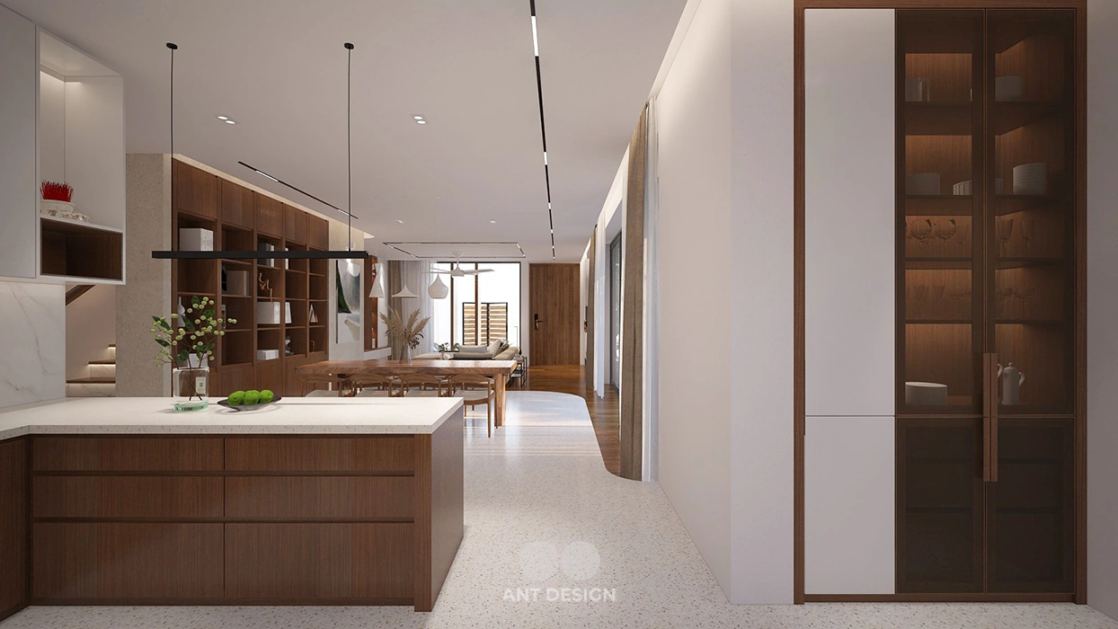 Hệ tủ rượu và tủ bếp gỗ óc chó sang trọng