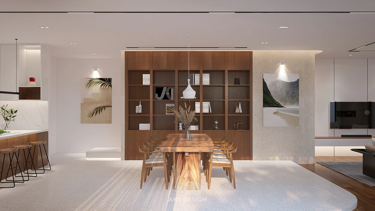 Không gian bếp ăn liên thông phòng khách rộng rãi