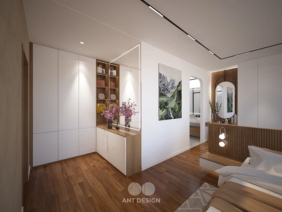 Khu vực bàn trang điểm và trưng bày túi xách