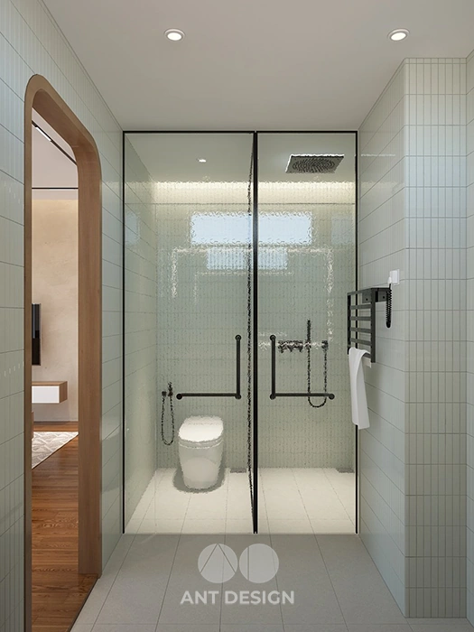 Khu vực vệ sinh ốp gạch thẻ vuông trắng sạch sẽ