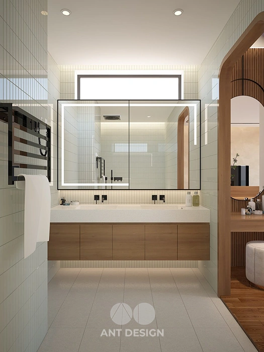 Lavabo đôi phòng tắm master gạch thẻ trắng tinh tế