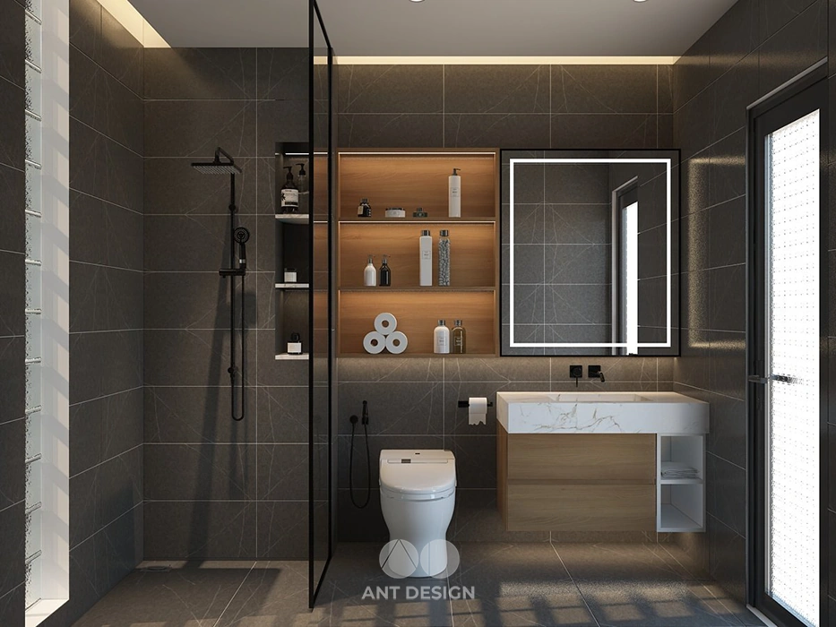 Lavabo treo tường và gương led phòng tắm hiện đại
