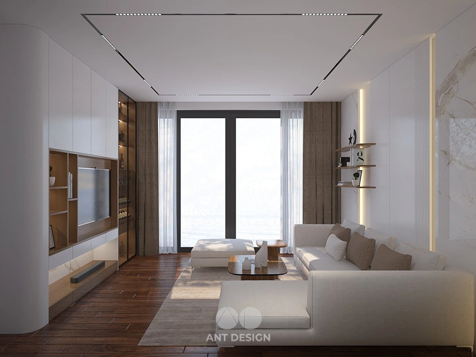 Nội thất phòng khách biệt thự hiện đại view sân vườn