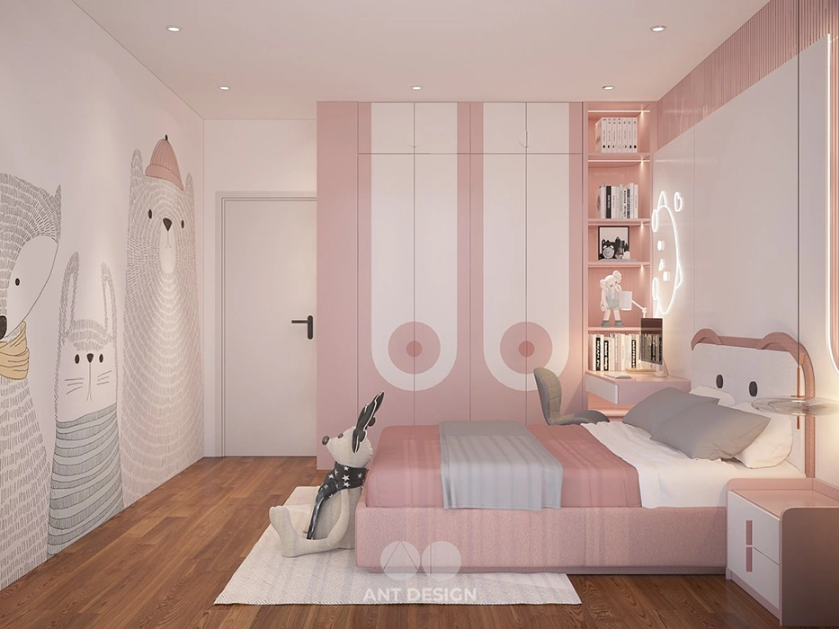 Phòng ngủ bé gái màu hồng giường tai gấu dễ thương