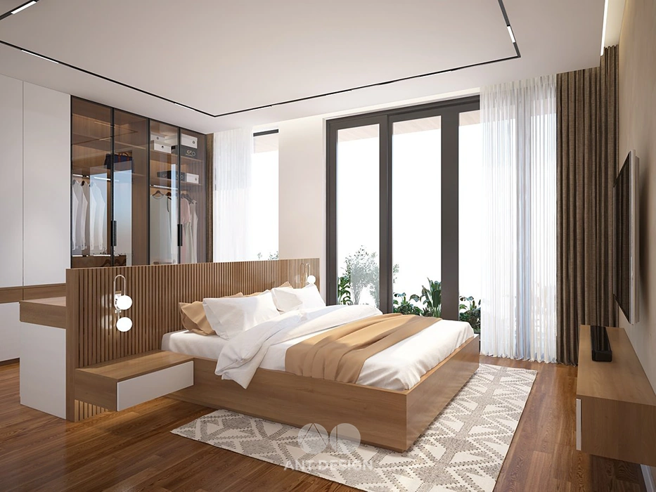 Thiết kế phòng ngủ master gỗ óc chó view cửa kính lớn