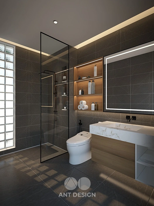 Thiết kế phòng tắm tông ghi xám ốp gạch vân đá