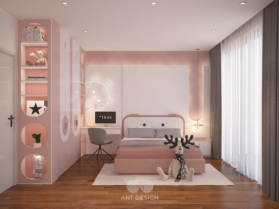 Tủ áo bé gái màu hồng pastel kết hợp kệ trưng bày