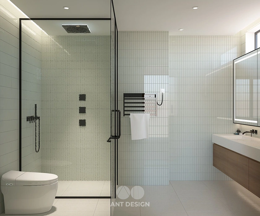 Vách kính tắm đứng khung đen trong phòng vệ sinh