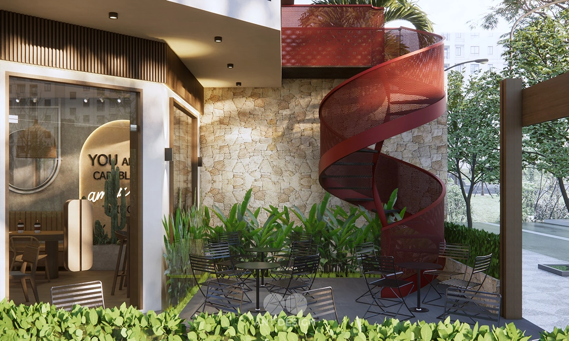 Cầu thang xoắn ốc màu đỏ nổi bật ngoài trời