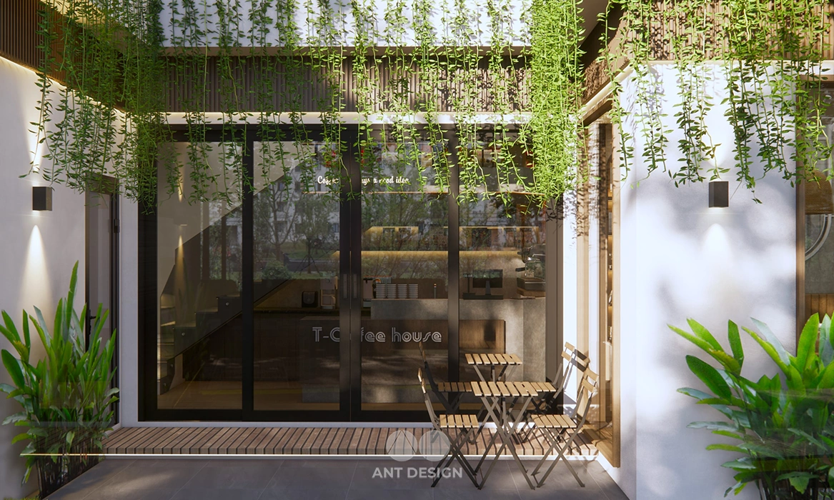 Cửa kính cường lực quán cafe kết hợp giàn leo xanh mát