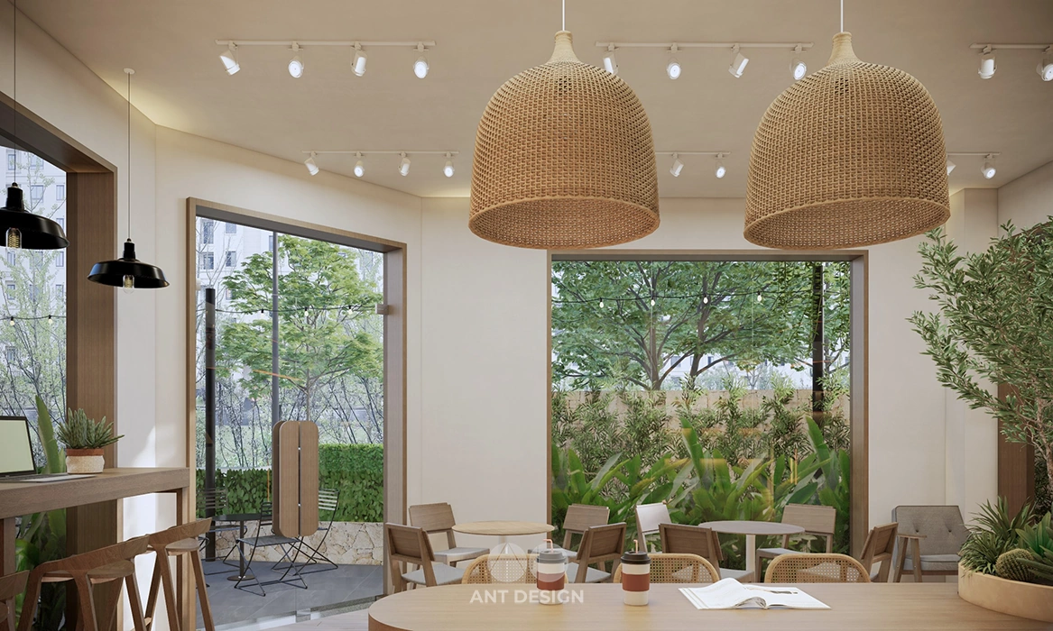 Đèn thả trần mây tre đan trang trí quán cafe phong cách mộc