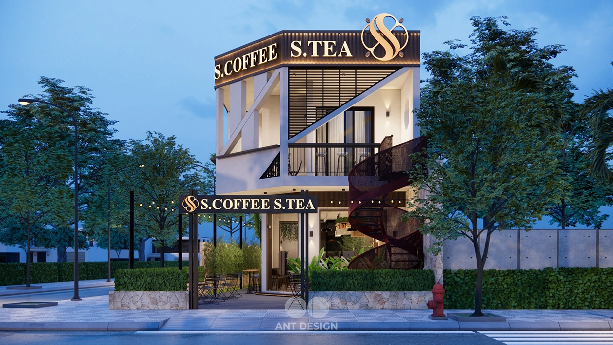 Hình ảnh quán cafe s tea về đêm đèn led nổi bật