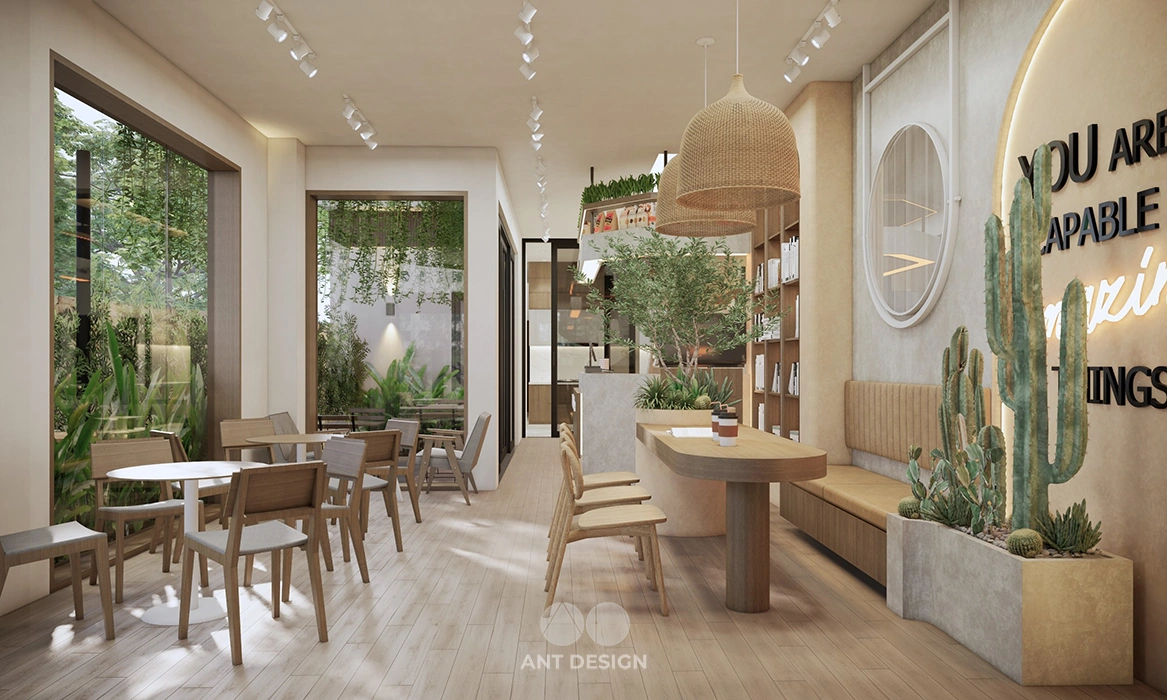 Không gian cafe làm việc nhóm bàn dài decor xương rồng