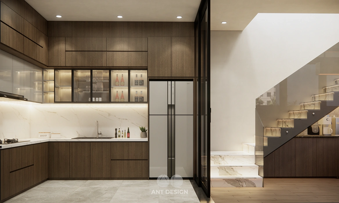 Khu vực bếp và cầu thang kính hi end sạch sẽ