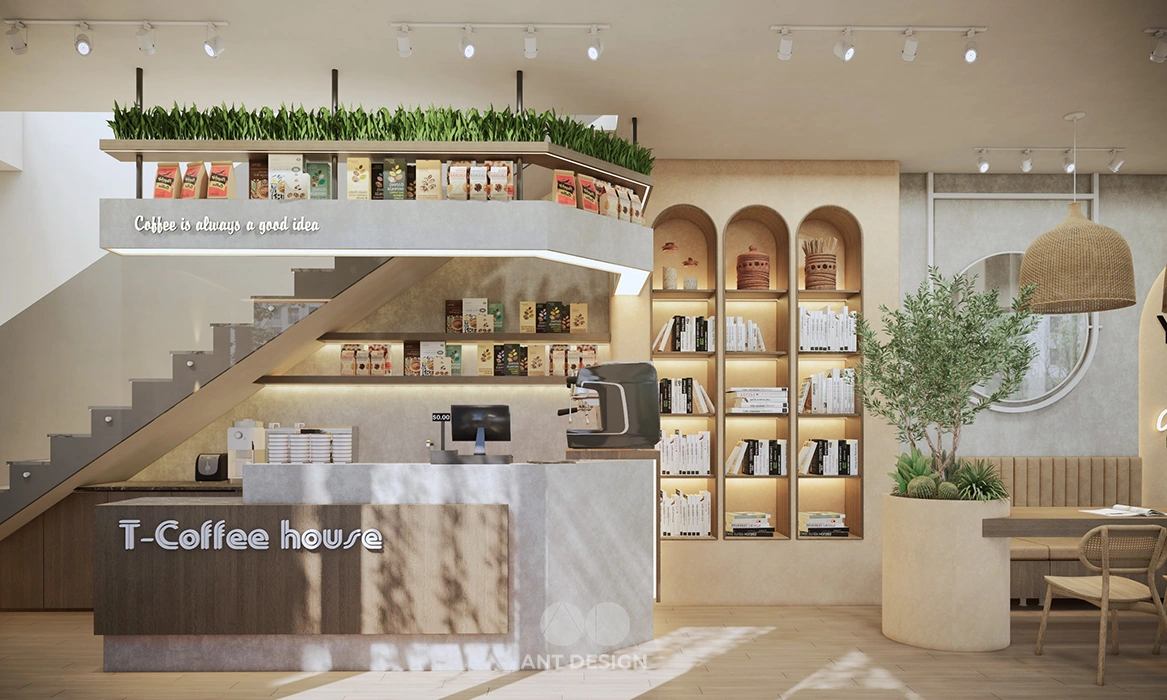 Quầy bar pha chế ốp đá kết hợp kệ gỗ treo cây xanh