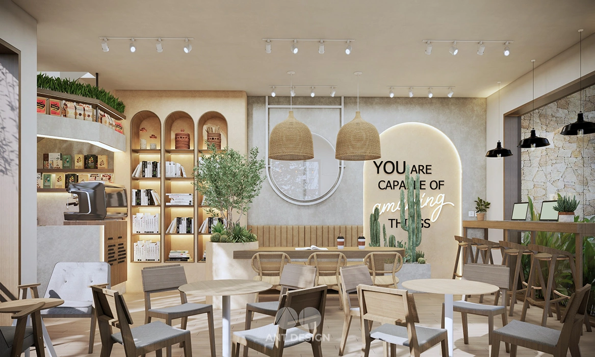 Thiết kế nội thất quán cafe tông kem gỗ hiện đại