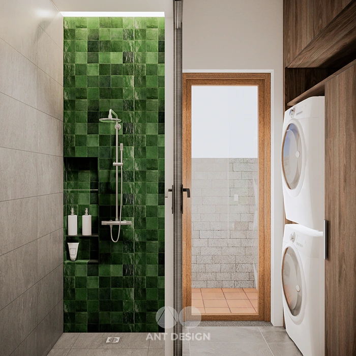 Chi tiết gạch ốp tường phòng tắm màu xanh rêu ấn tượng