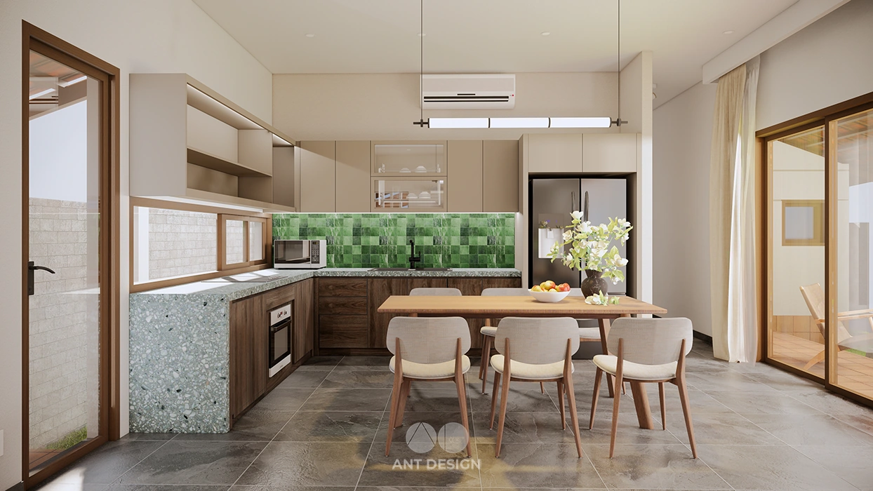 Hệ tủ bếp chữ l hiện đại kết hợp bàn ăn gỗ mộc