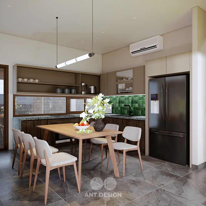 Không gian bếp ăn ấm cúng với gạch thẻ xanh điểm nhấn