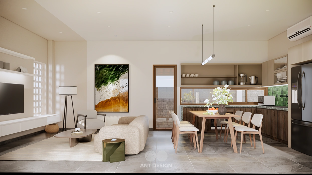 Không gian mở phòng khách liền bếp thông thoáng
