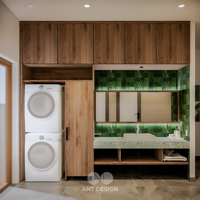 Khu vực giặt sấy kết hợp lavabo đá mài terrazzo