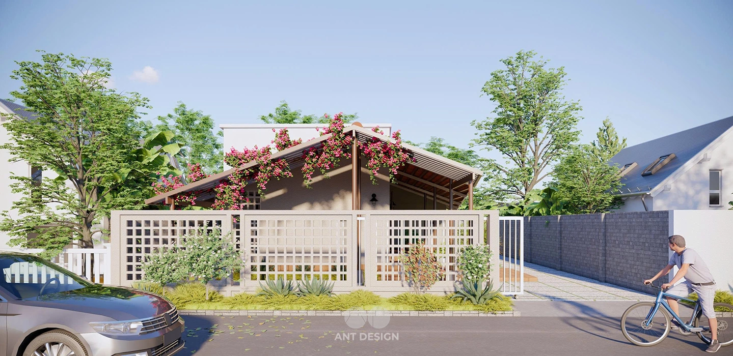 Mặt tiền nhà quê giản dị với giàn hoa giấy trước cổng