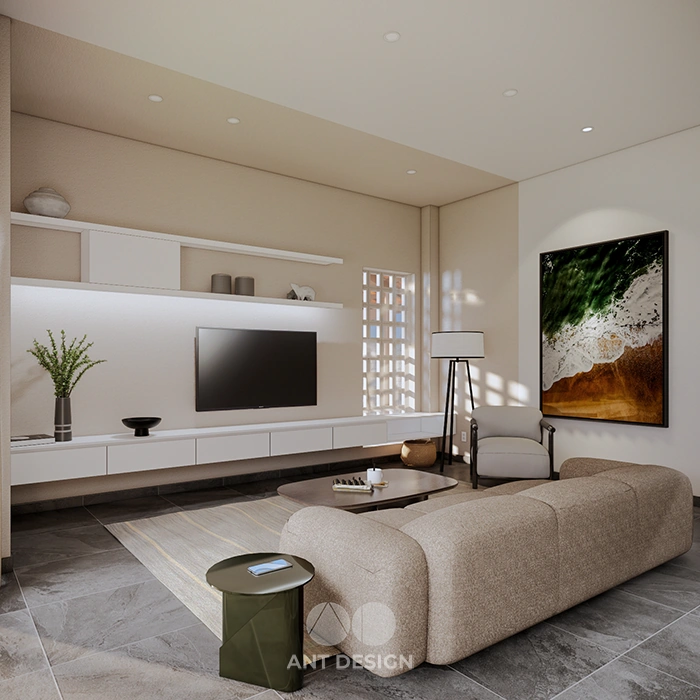 Nội thất phòng khách tông be nhẹ nhàng hiện đại