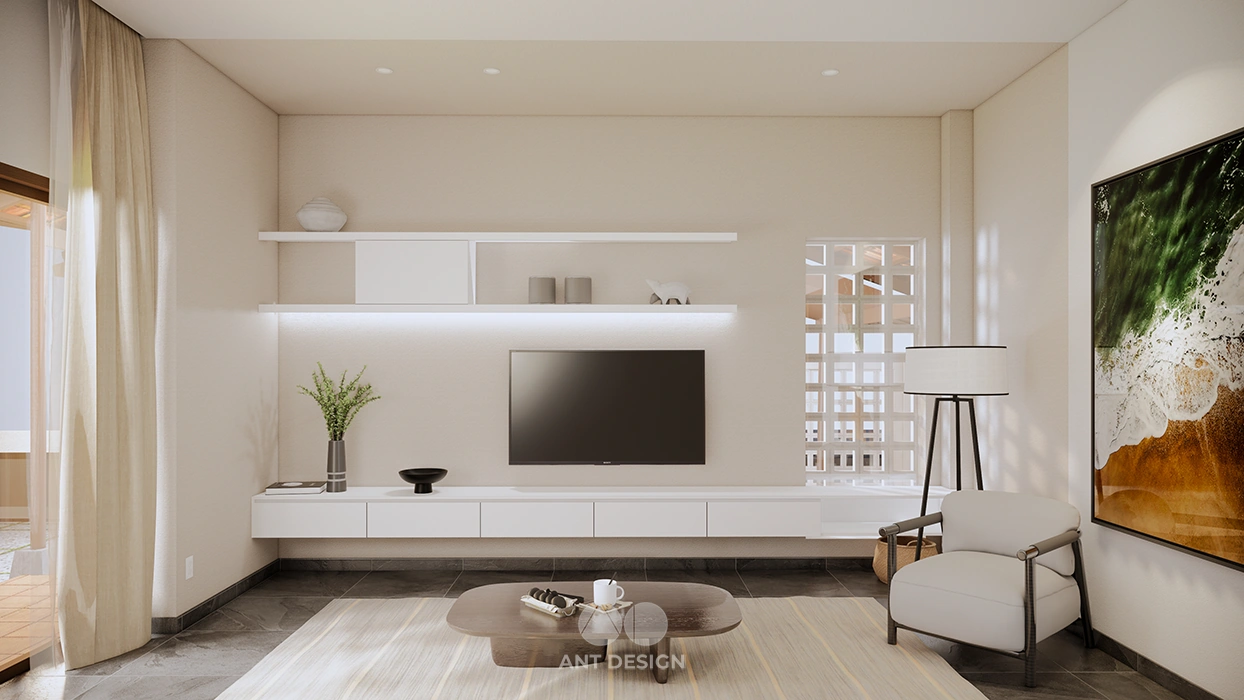 Thiết kế kệ tivi treo tường phòng khách tối giản