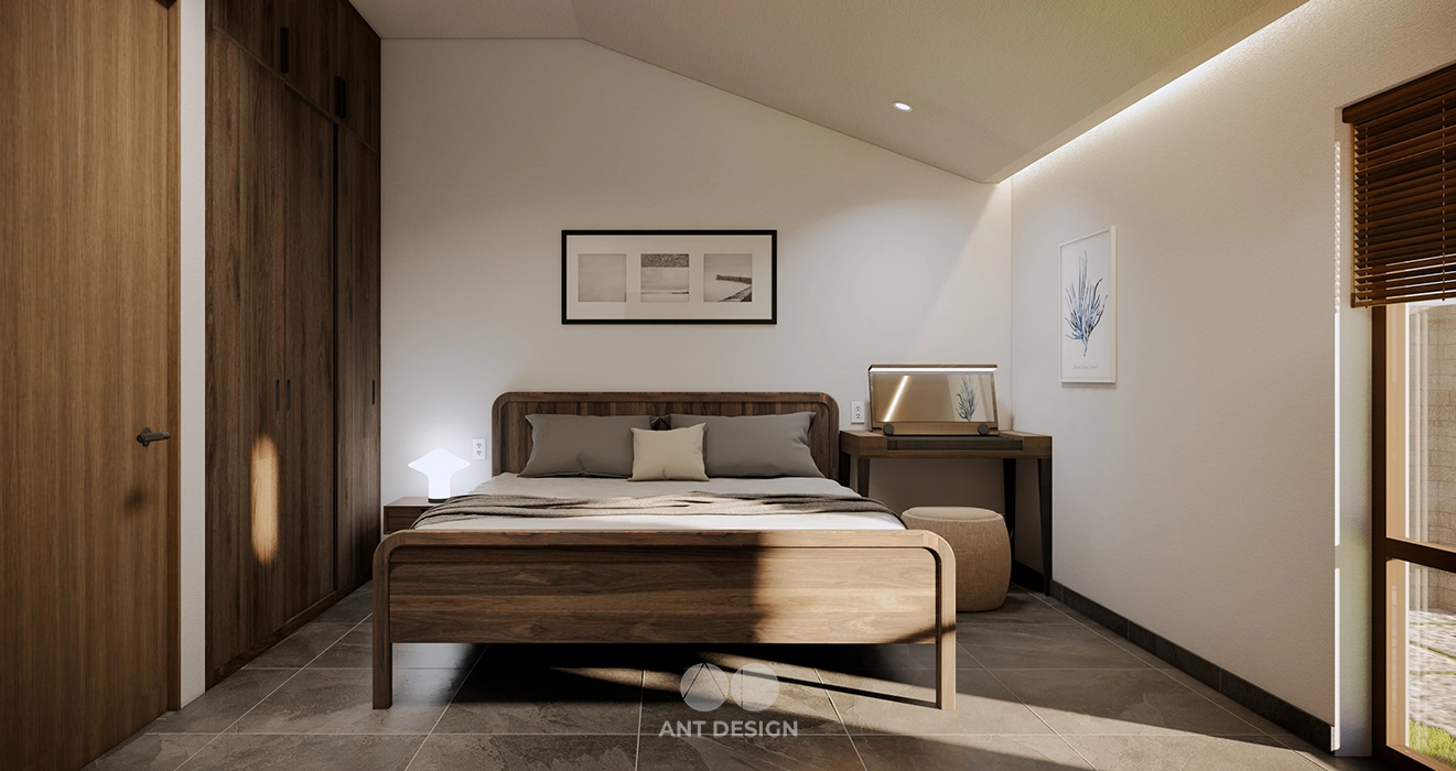 Thiết kế phòng ngủ nhà vườn nội thất gỗ tự nhiên