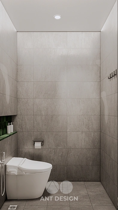 Thiết kế toilet hiện đại tông ghi xám sạch sẽ