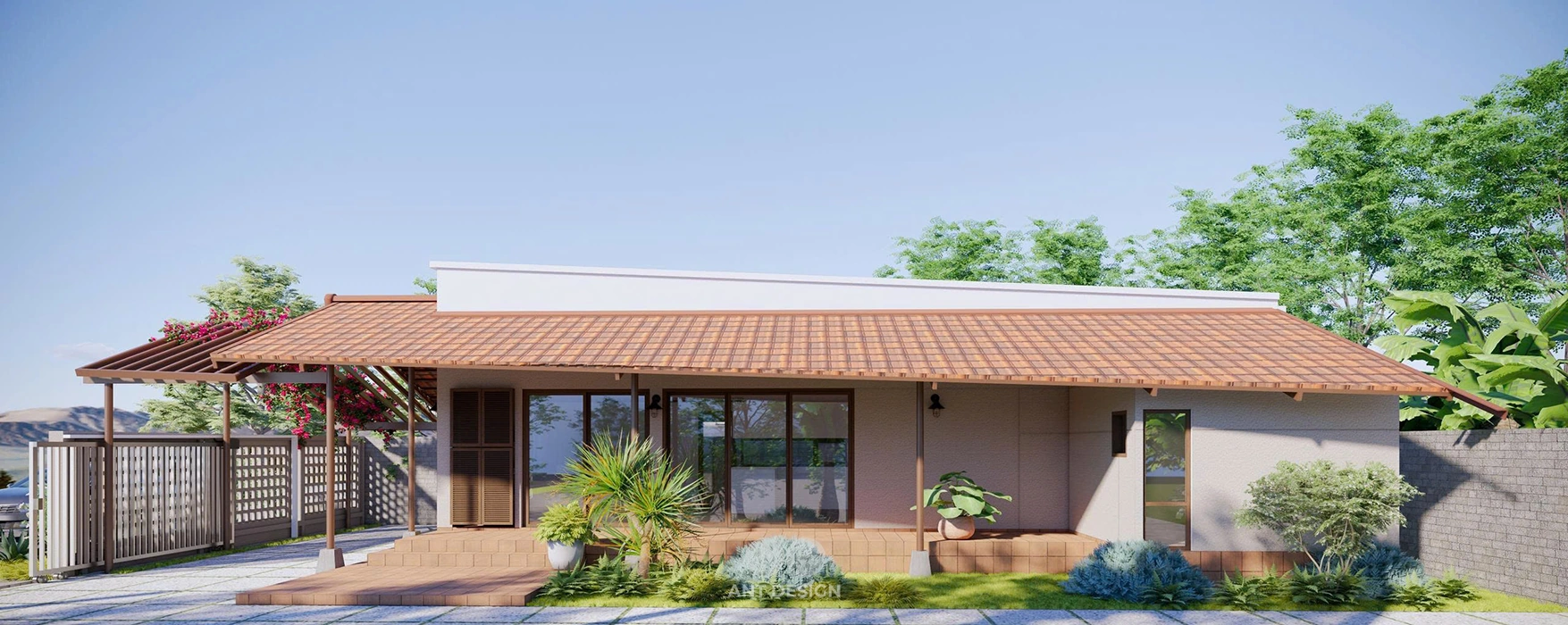 Tổng quan mặt tiền nhà vườn hiện đại mái ngói đỏ