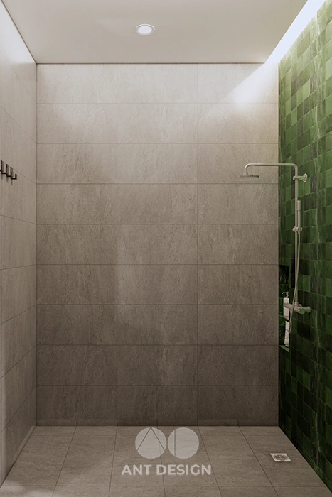 Vách tắm đứng ốp gạch thẻ xanh handmade độc đáo