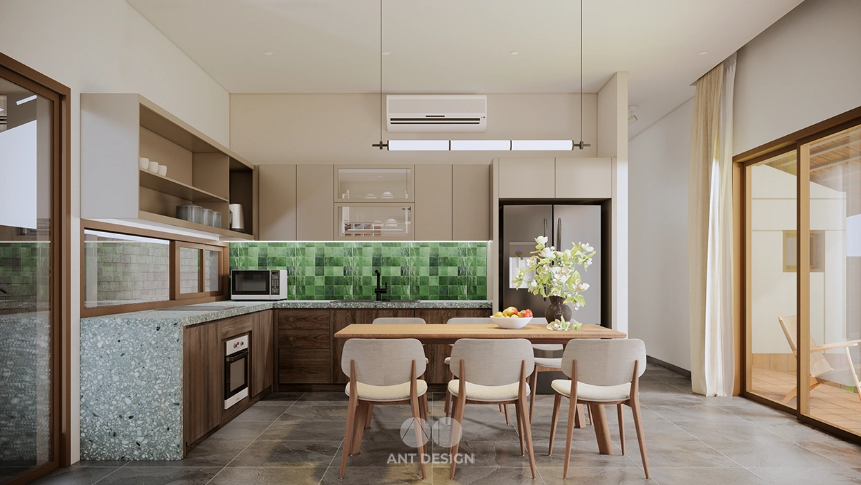 View bàn ăn nhìn ra sân vườn qua cửa kính lùa