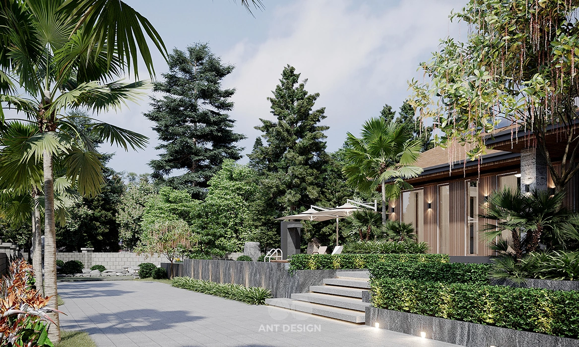Cảnh quan cây xanh và tiểu cảnh quanh biệt thự