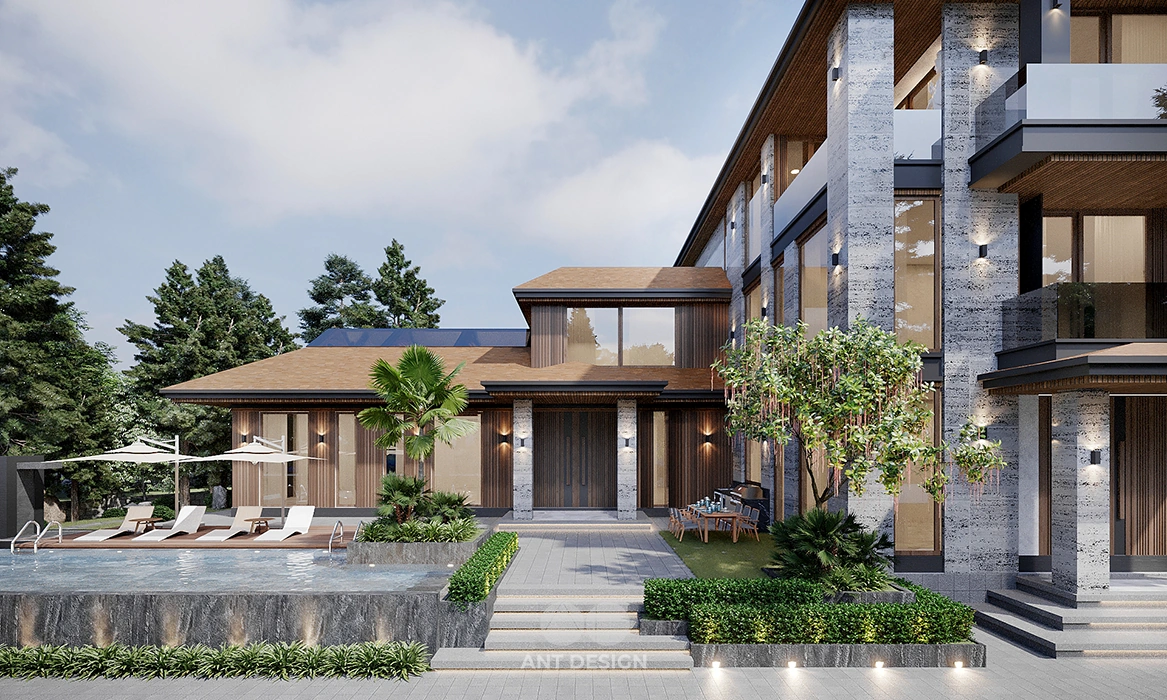 Lối đi sân vườn và sảnh chính biệt thự cao cấp
