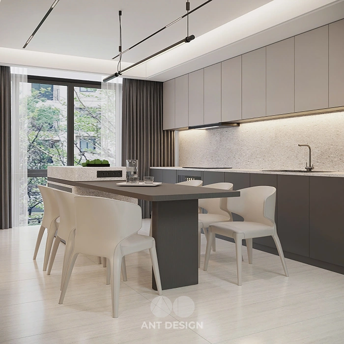 Bàn ăn dài kết hợp đảo bếp đá terrazzo tiện nghi