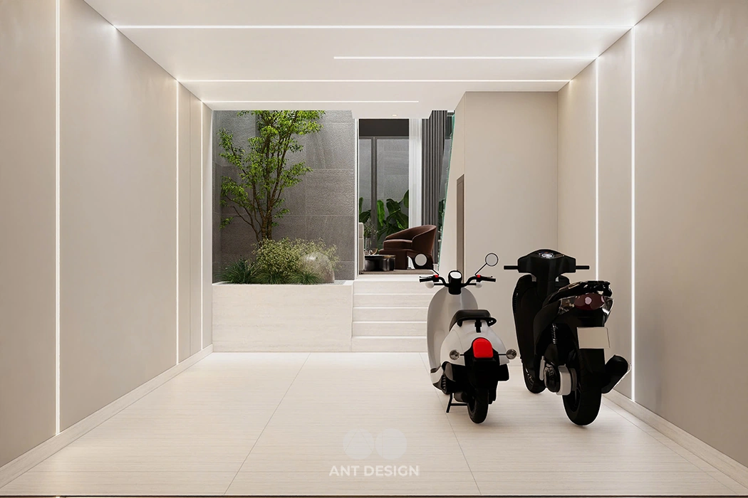 Gara để xe trong nhà và tiểu cảnh giếng trời thông thoáng
