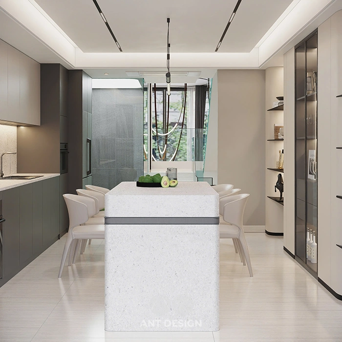 Góc nhìn trực diện đảo bếp và khu vực nấu nướng