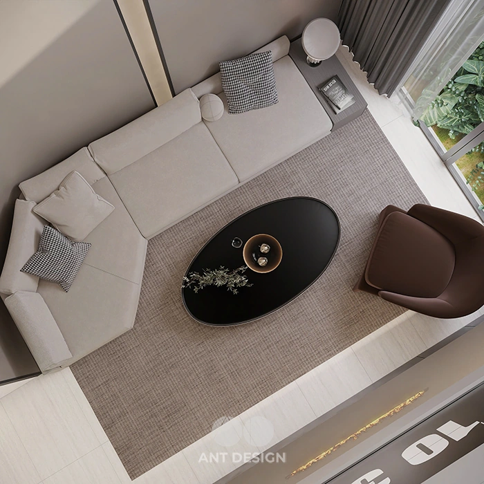 Góc nhìn từ trên cao xuống phòng khách thông tầng