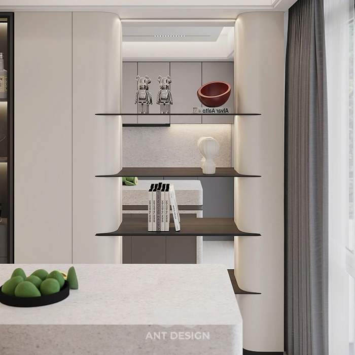 Kệ trưng bày decor ngăn cách bếp và phòng khách