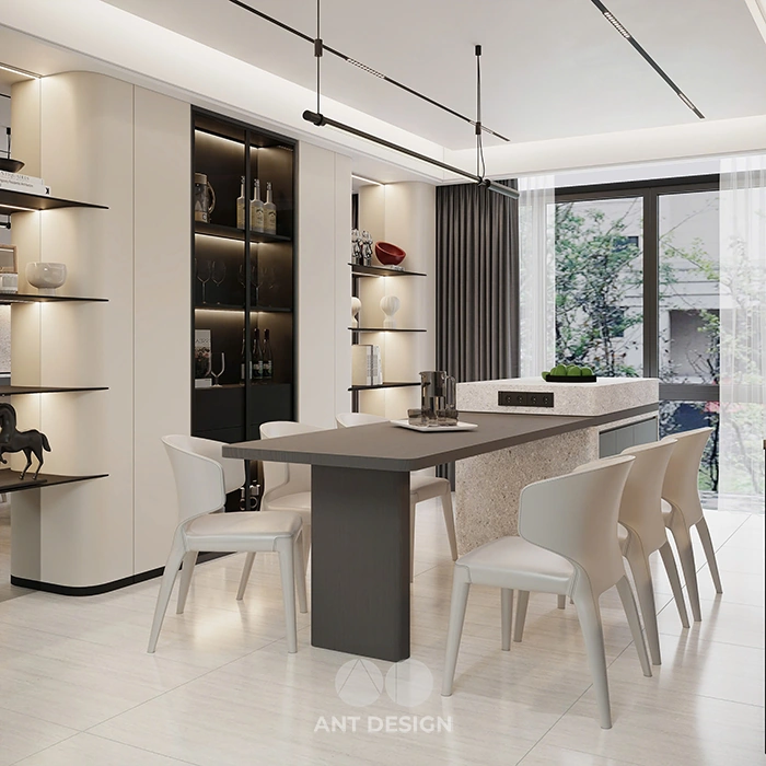 Không gian bếp ăn hiện đại tông màu ghi sáng