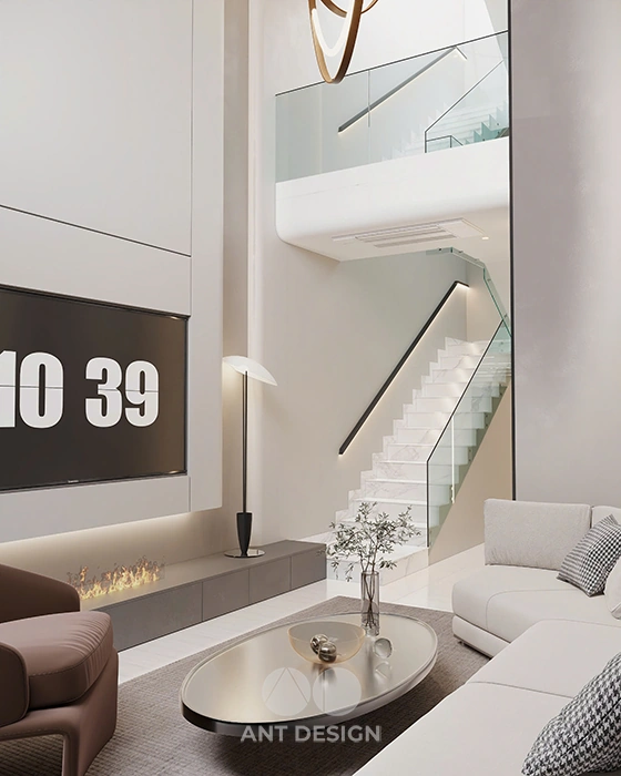 Không gian thông tầng kết hợp cầu thang bo đá marble