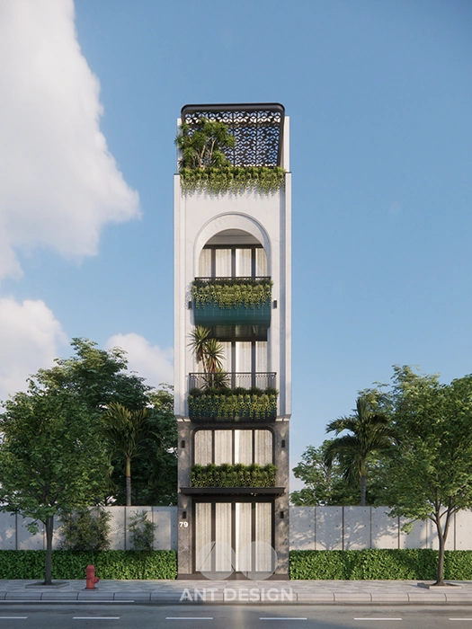 Mặt tiền nhà phố có thang máy và ban công xanh