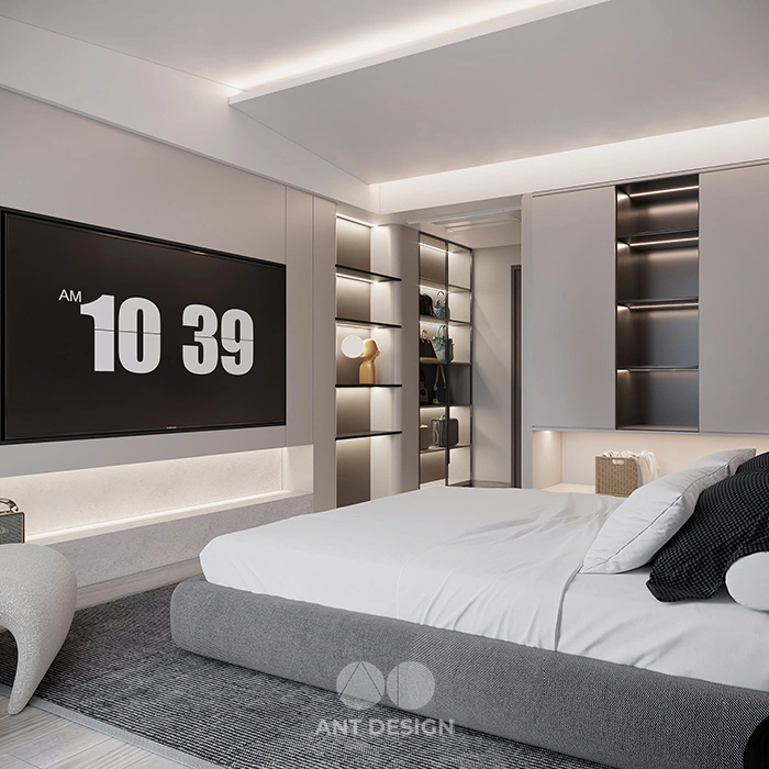 Nội thất phòng ngủ tông trắng xám thanh lịch